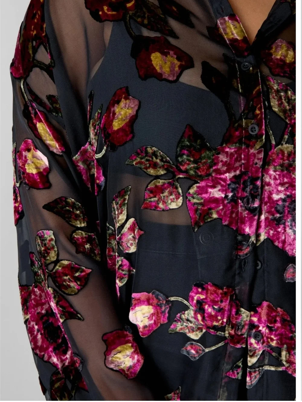 Nasty Gal Black Sheer Tunic with Magenta Floral Burnout Size 8 Oversize